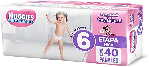 Huggies UltraConfort Pañal Desechable para Bebé, Etapa 6 Niña, Paquete con 40 Piezas, Ideal para niñas de más de 13.5 kg