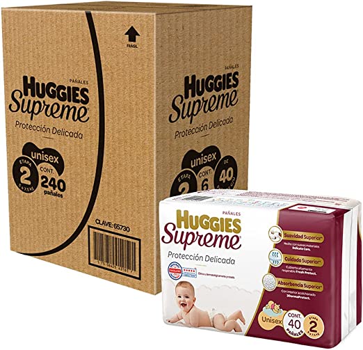 Huggies Supreme Pañal Desechable para Bebé, Etapa 2 Unisex, Caja con 240 Piezas, Ideal para Bebés de 5 a 7.5 kg