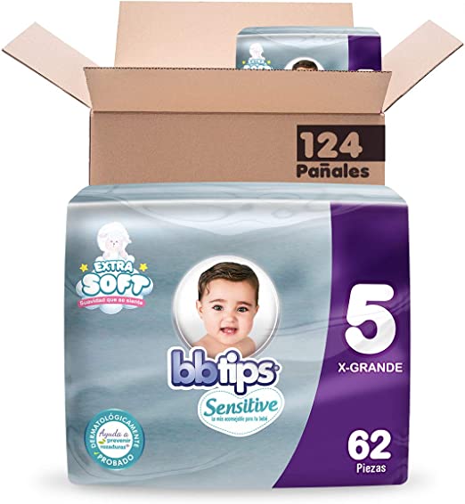 BBtips Sensitive Pañales, Talla Extra Grande/5, 124 Pañales