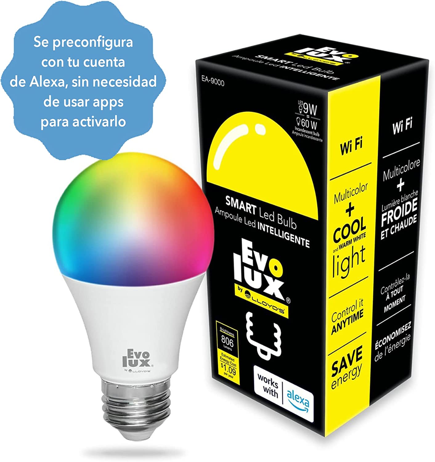 Evolux by Lloyd's Foco LED Inteligente WiFi A19 configuración automática