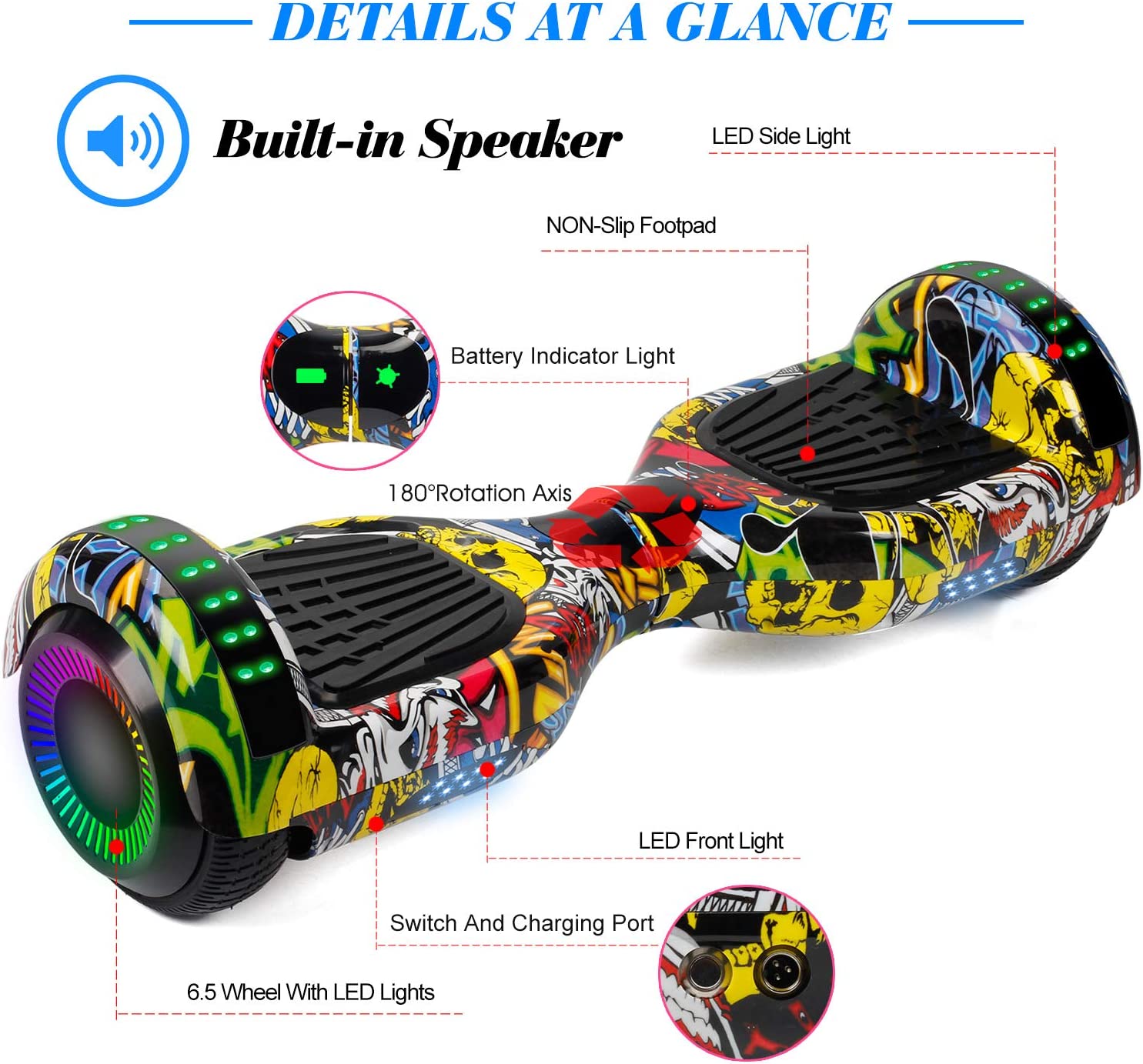Hoverboard 6.5” Two-Wheel Self Balancing Hoverboard with LED Light Flash Lights Wheels for Kids Adult