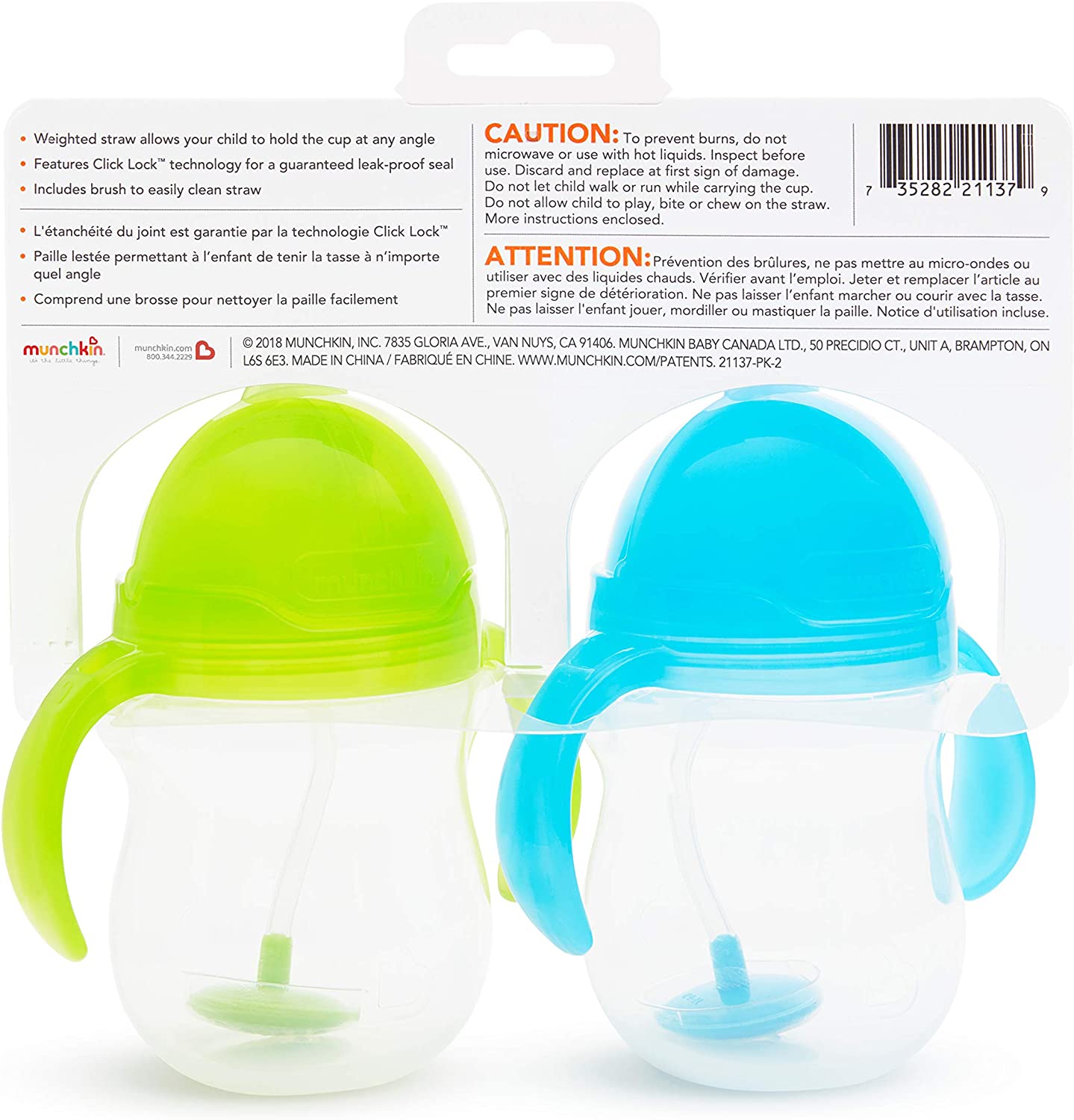 Munchkin Click Lock Weighted Straw Cup, 7 Ounce, 2 Pack, Blue/Green